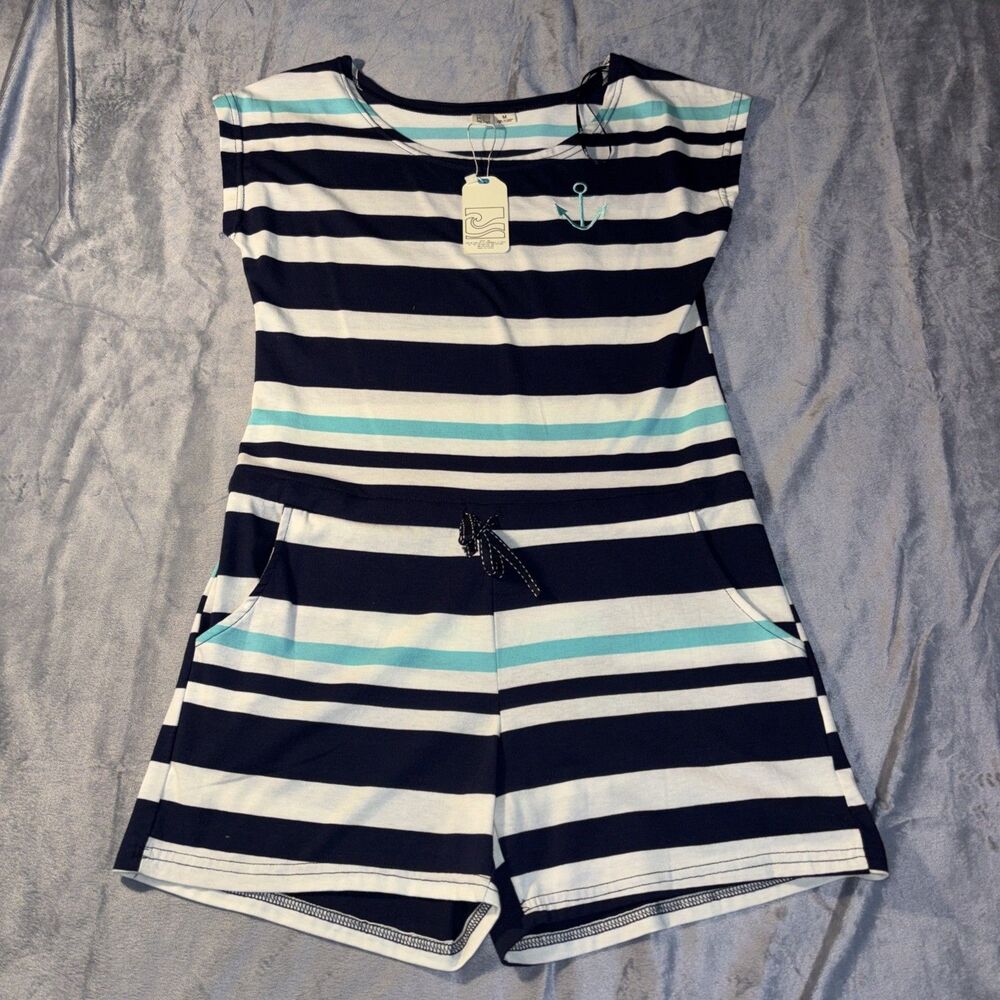 Beach by Exist Women’s Striped Romper Size Medium Blue White NWT Summer Casual